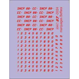 Immatriculations type Beffara SNCF pour locomotives ép4 et 5 blanc et rouge